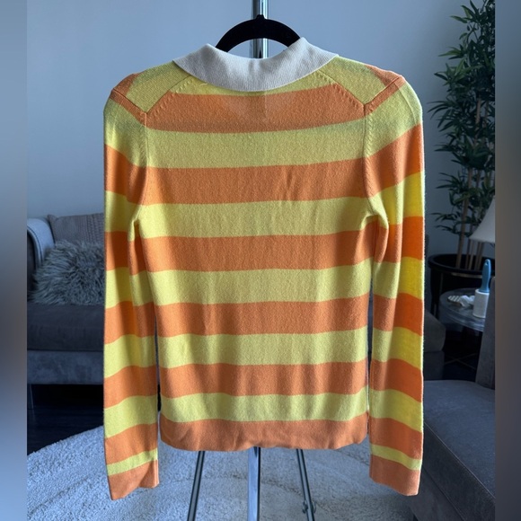 Theory Cashmere Silk Striped Orange Yellow Knit Polo Long Sleeve Shirt Small - Picture 4 of 12